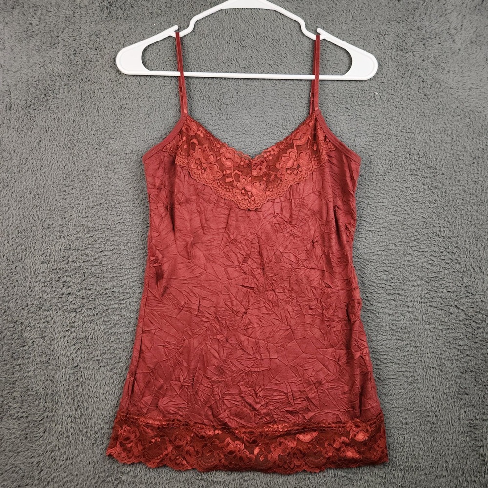 Women's Y2K Lace Trim Crinkle Cami Tank Medium Rust Whimsigoth Fairy Coquette